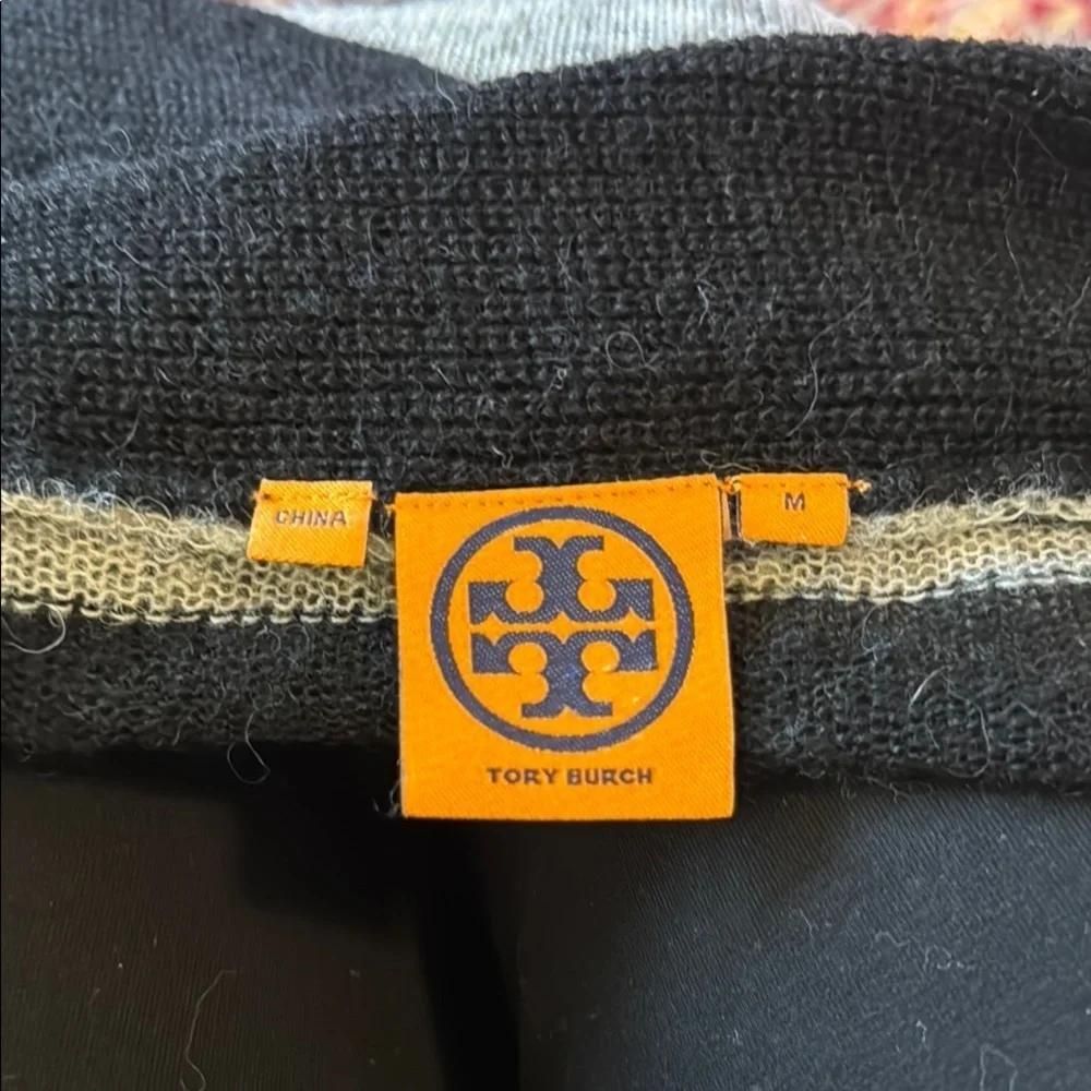 EUC Tory Burch Black and Gray Lightweight Open Front Cardigan Shawl Collar